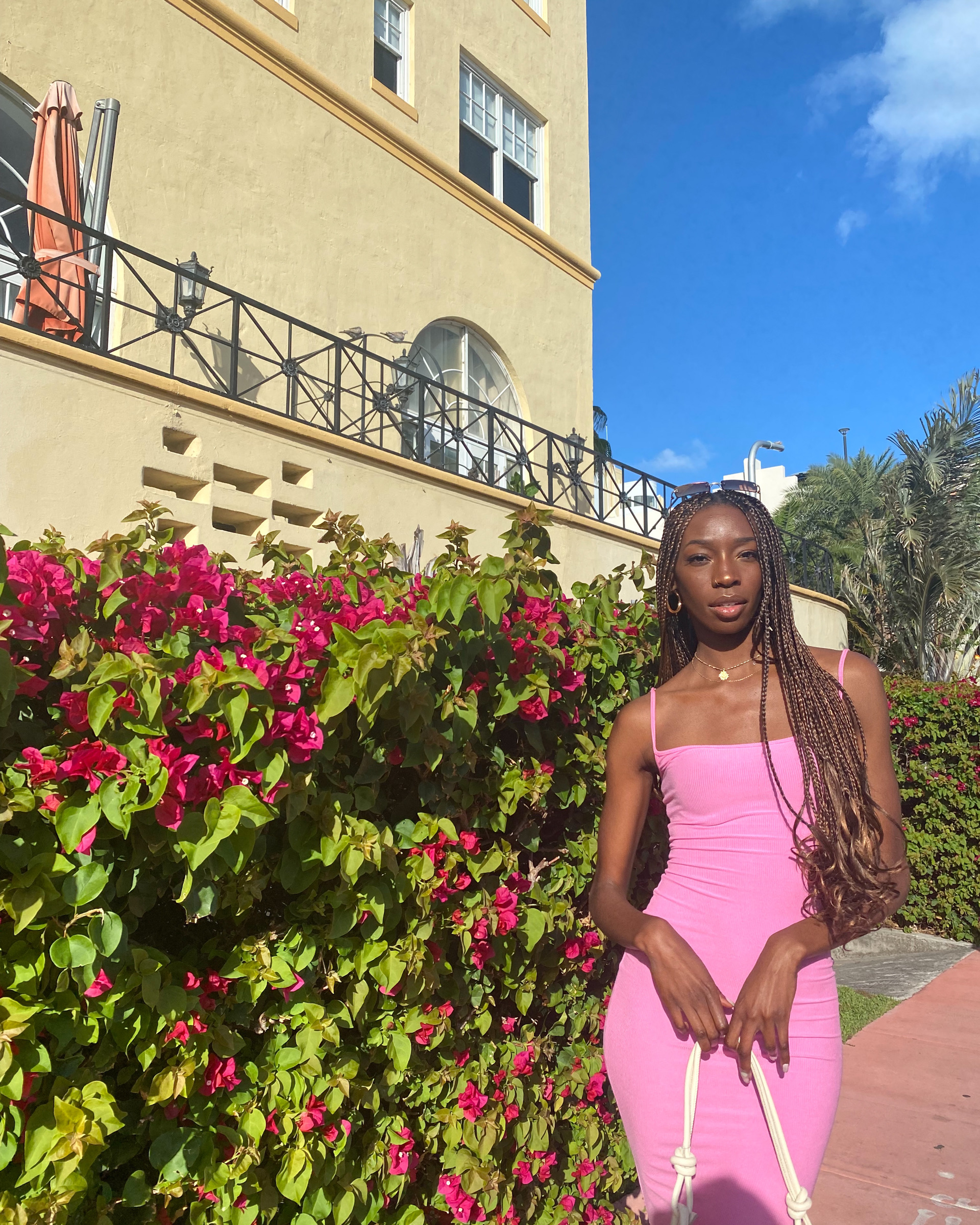Black woman with long brown braids standing in front of a flower bush wearing an all pink dress. The sun is shining and the sky is very blue. She's got the handle to a white purse in her hands